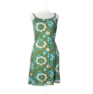 Boden Floral Printed Sundress Braided Belt Green/Blue/White 2 60s 70s Boho Mod